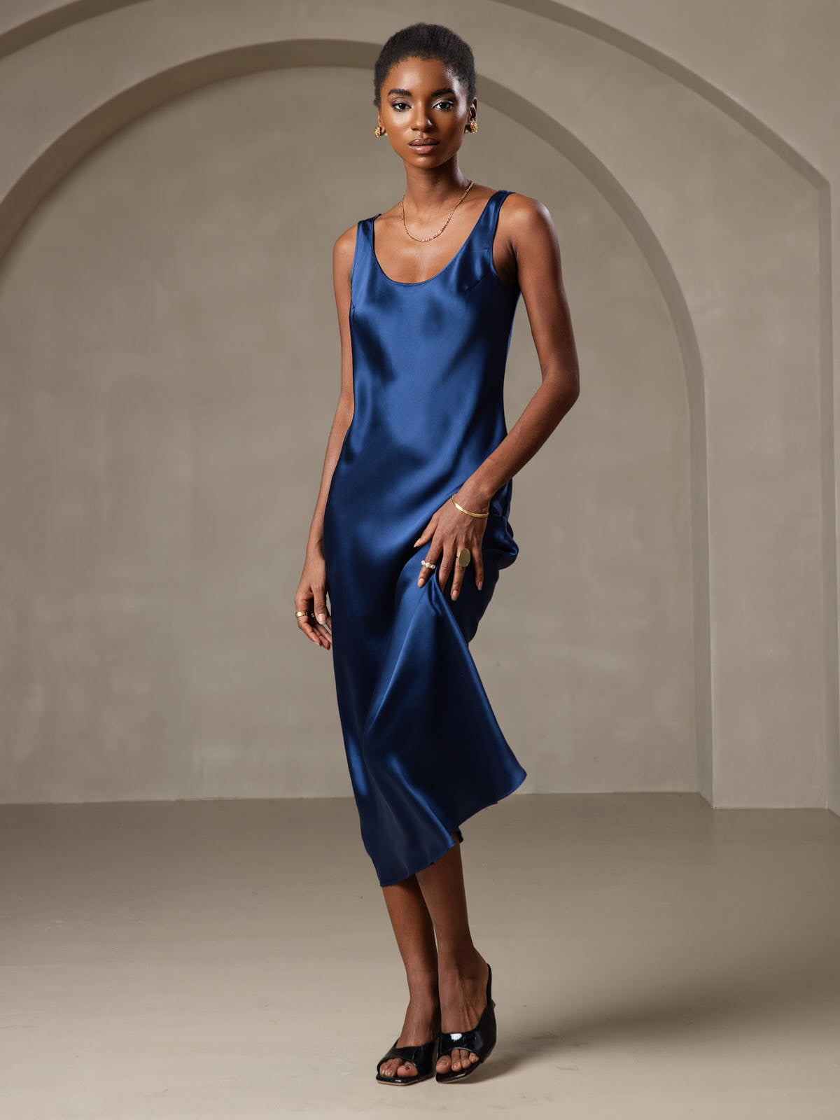 [Dunkelblau] SilkSilky-DE Ärmellos Tiefer Rundhalsausschnitt Kleider 006