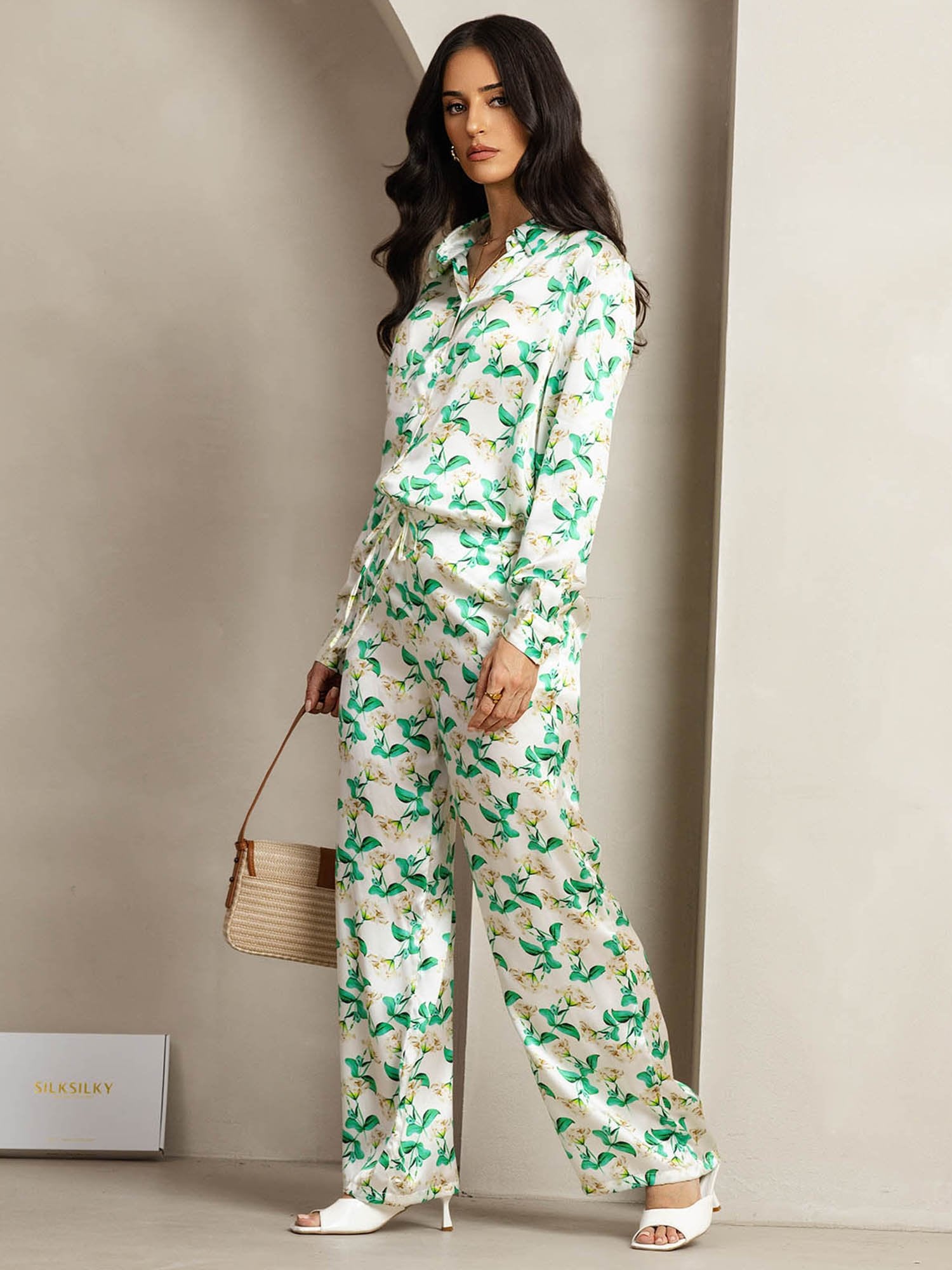 [GrünBlumen] SilkSilky-DE 19Momme Seide Umlegekragen Women''s Outfit Sets 003