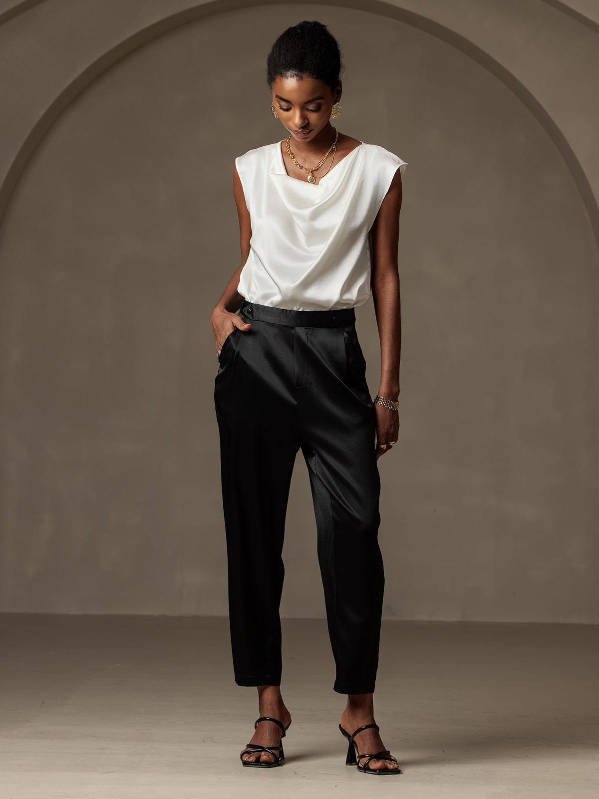 [Schwarz] SilkSilky-DE 19Momme Seide Womens Pants 001