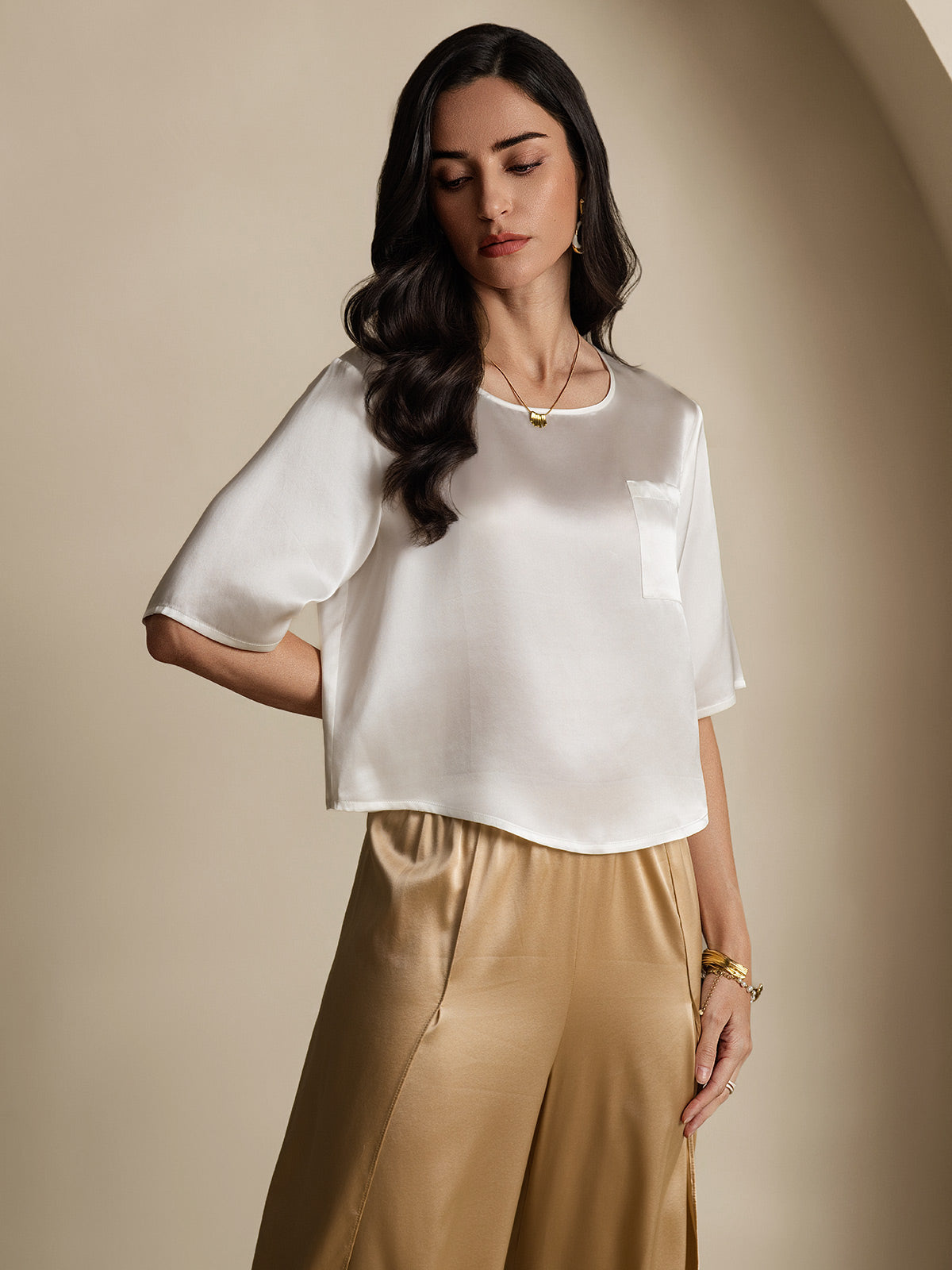[Weiß] SilkSilky-DE Reine Seide Womens T-Shirt 006