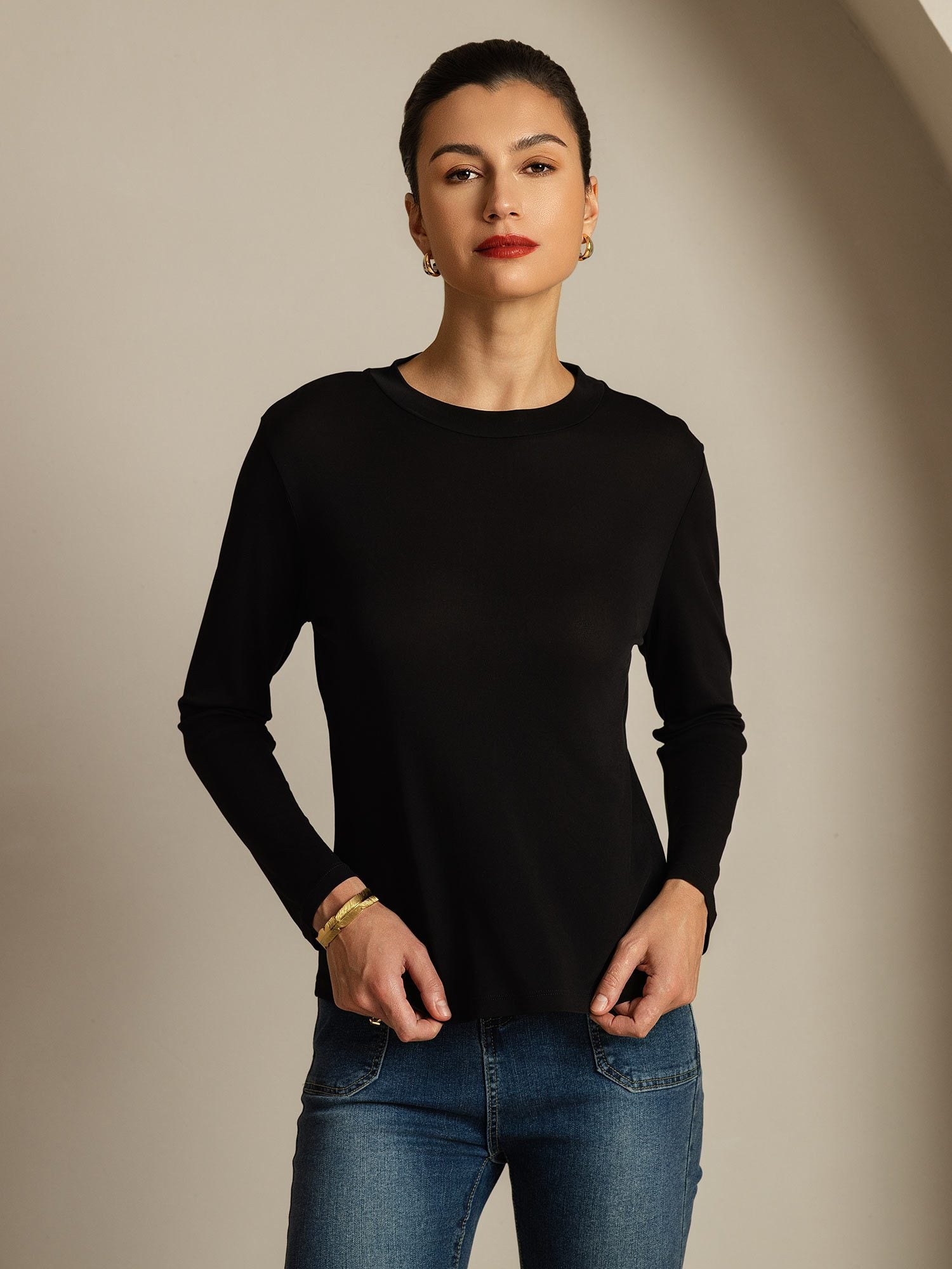 [Schwarz] SilkSilky-DE Reine Seide Womens T-Shirt 007