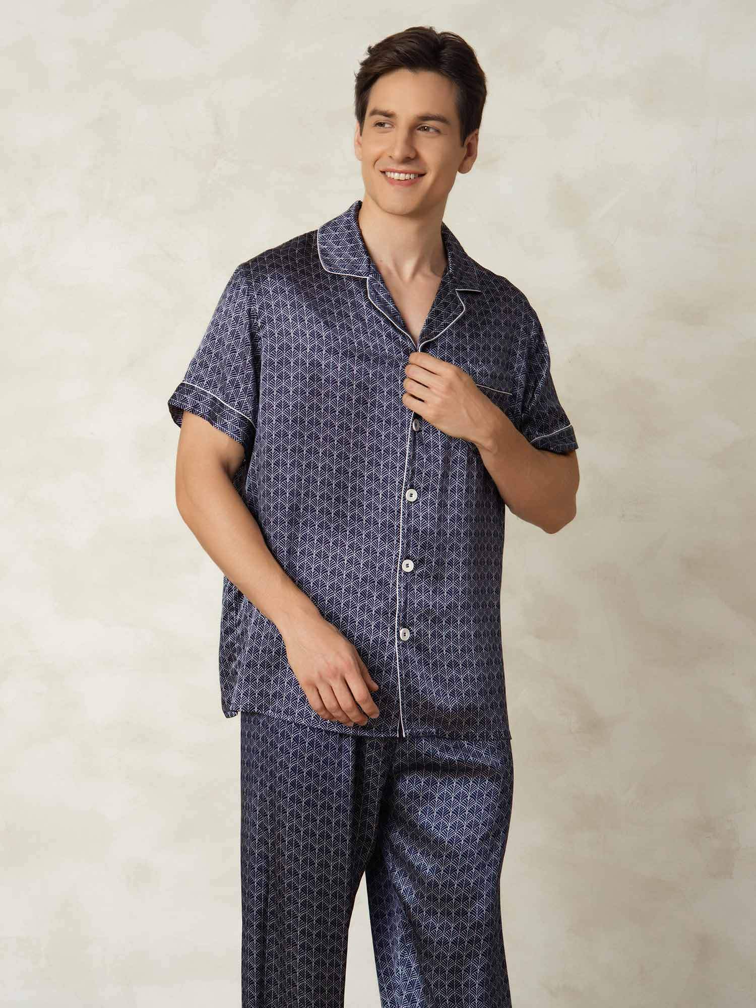 [MarineGinkgo] SilkSilky-DE Reine Seide Umlegekragen Herren Pyjamas 003