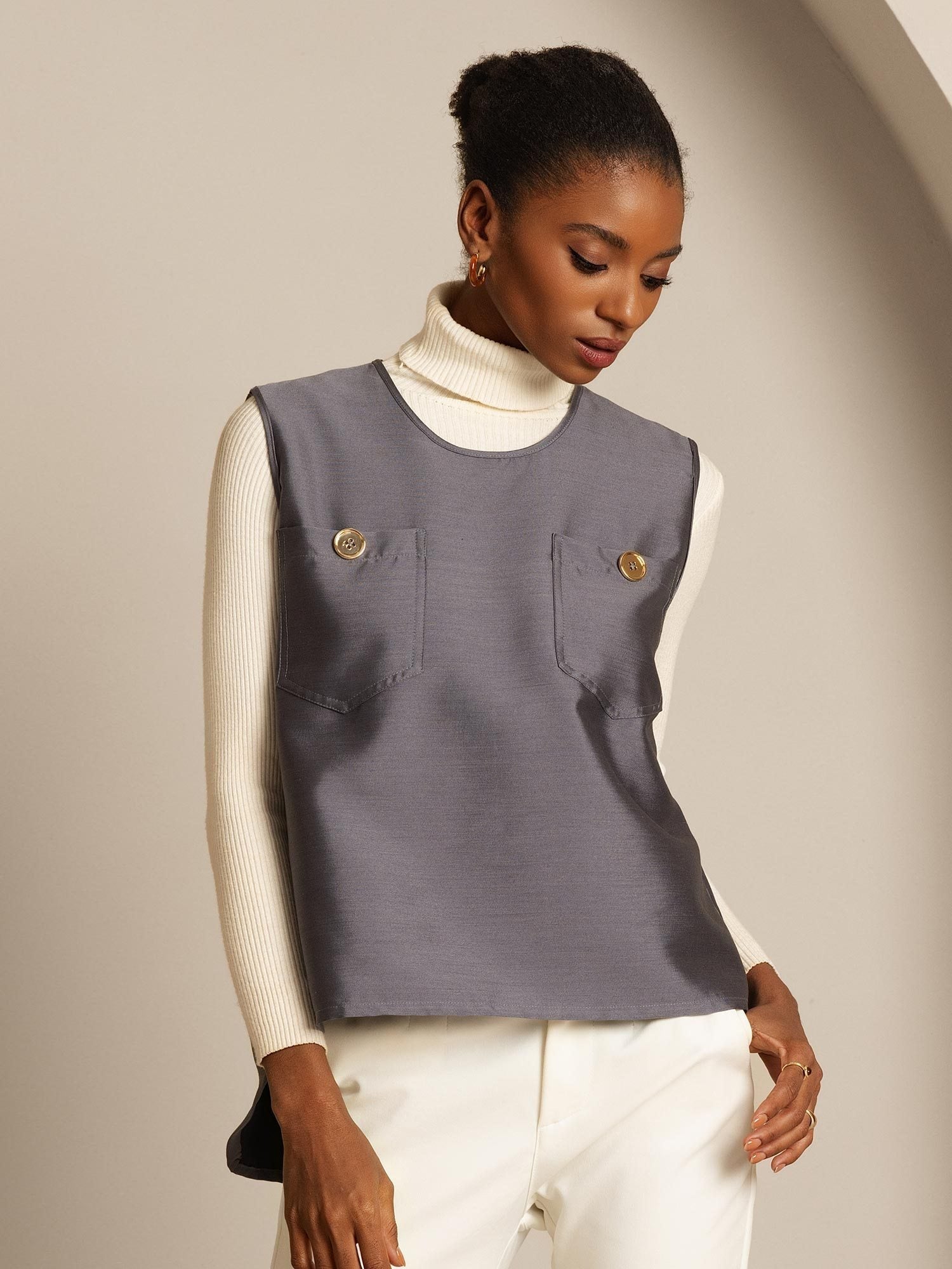 [Grau] SilkSilky-DE 32Momme Silk-Wool Blend Womens Vest 006,