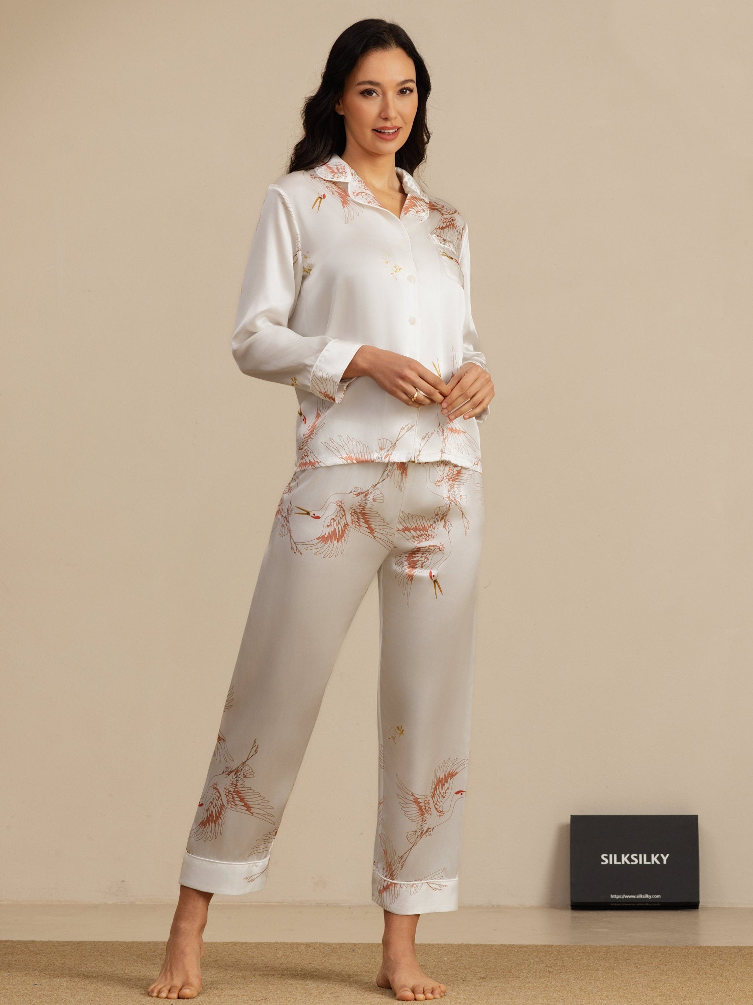 [Weiß] SilkSilky-DE 19Momme Langärmelig Notch-Kragen Damen Pyjamas 001