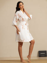 [Weiß] SilkSilky-DE 3/4 Sleeve Damen Morgenmantel 007
