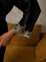 [Schwarz] SilkSilky-DE 3/4 Sleeve Damen Morgenmantel 003