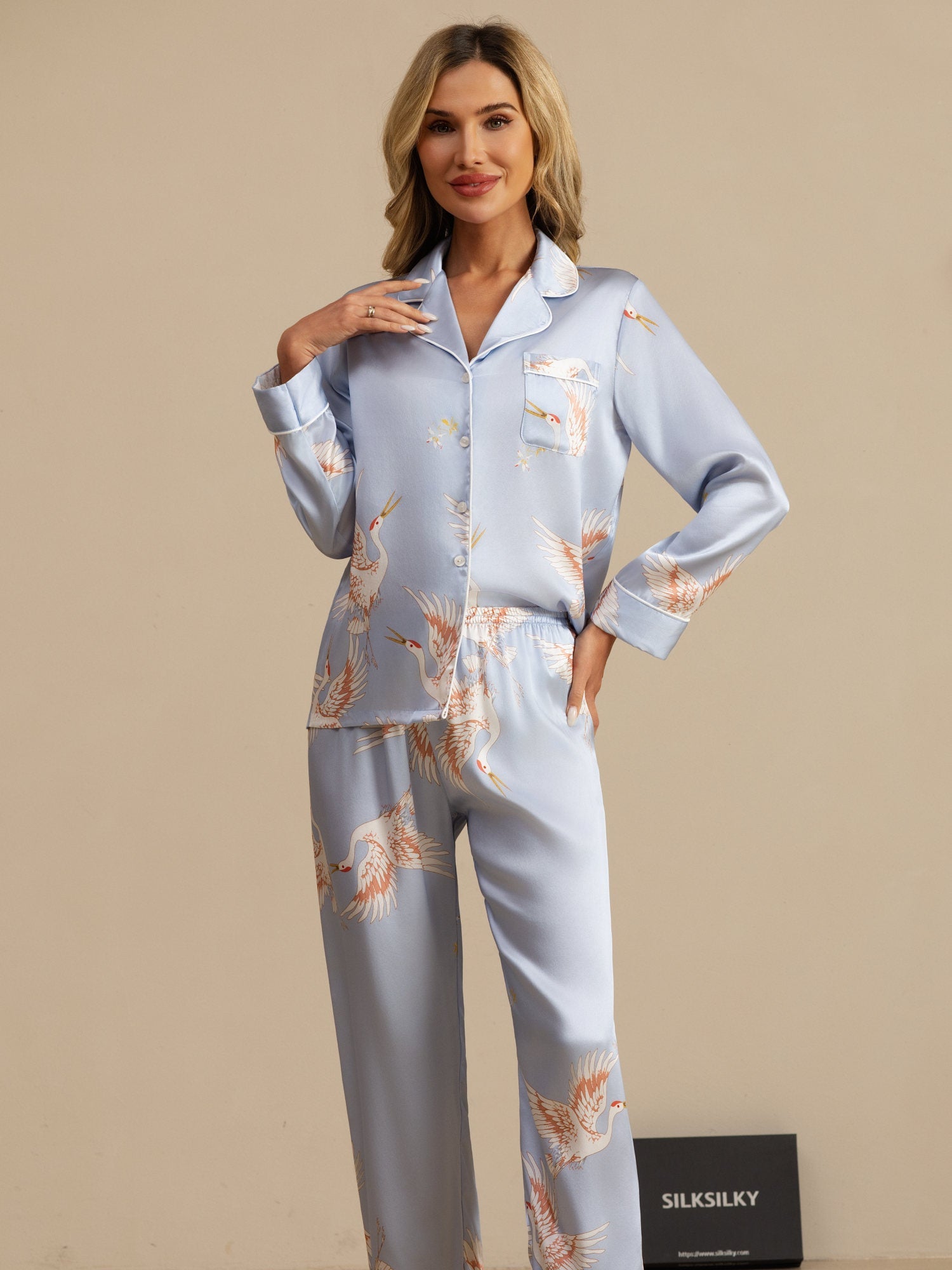 [Hellblau] SilkSilky-DE 19Momme Langärmelig Notch-Kragen Damen Pyjamas 004