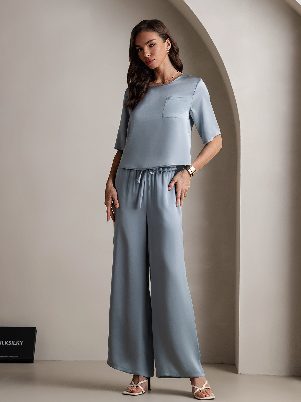 [Graublau] SilkSilky-DE Reine Seide Womens Pajamas 005