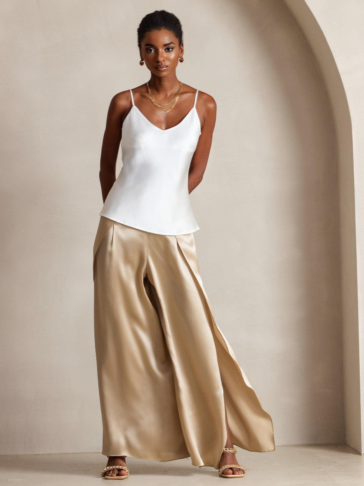 [Weiß] SilkSilky-DE Spaghettiträger V Ausschnitt Cami Top 001