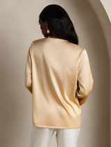 [Champagner] SilkSilky-DE 19Momme Langärmelig V Ausschnitt Bluse 002