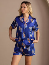 [Marineblaues Seepferdchen] SilkSilky-DE Short Sleeve Lapel Collar Damen Pyjamas 004