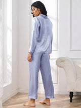 [Stahlblau] SilkSilky-DE Long Sleeve Notch-Kragen Damen Pyjamas 002