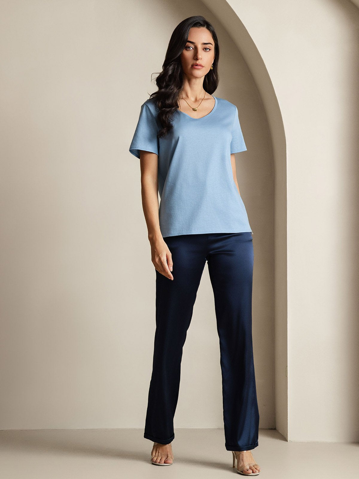 [Blau] SilkSilky-DE Seide Kurzärmelig V Ausschnitt T-Shirt 007