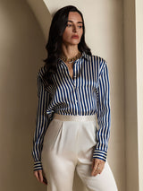 [Marine Streifen] SilkSilky-DE Long Sleeve Lapel Collar Damenhemd 006