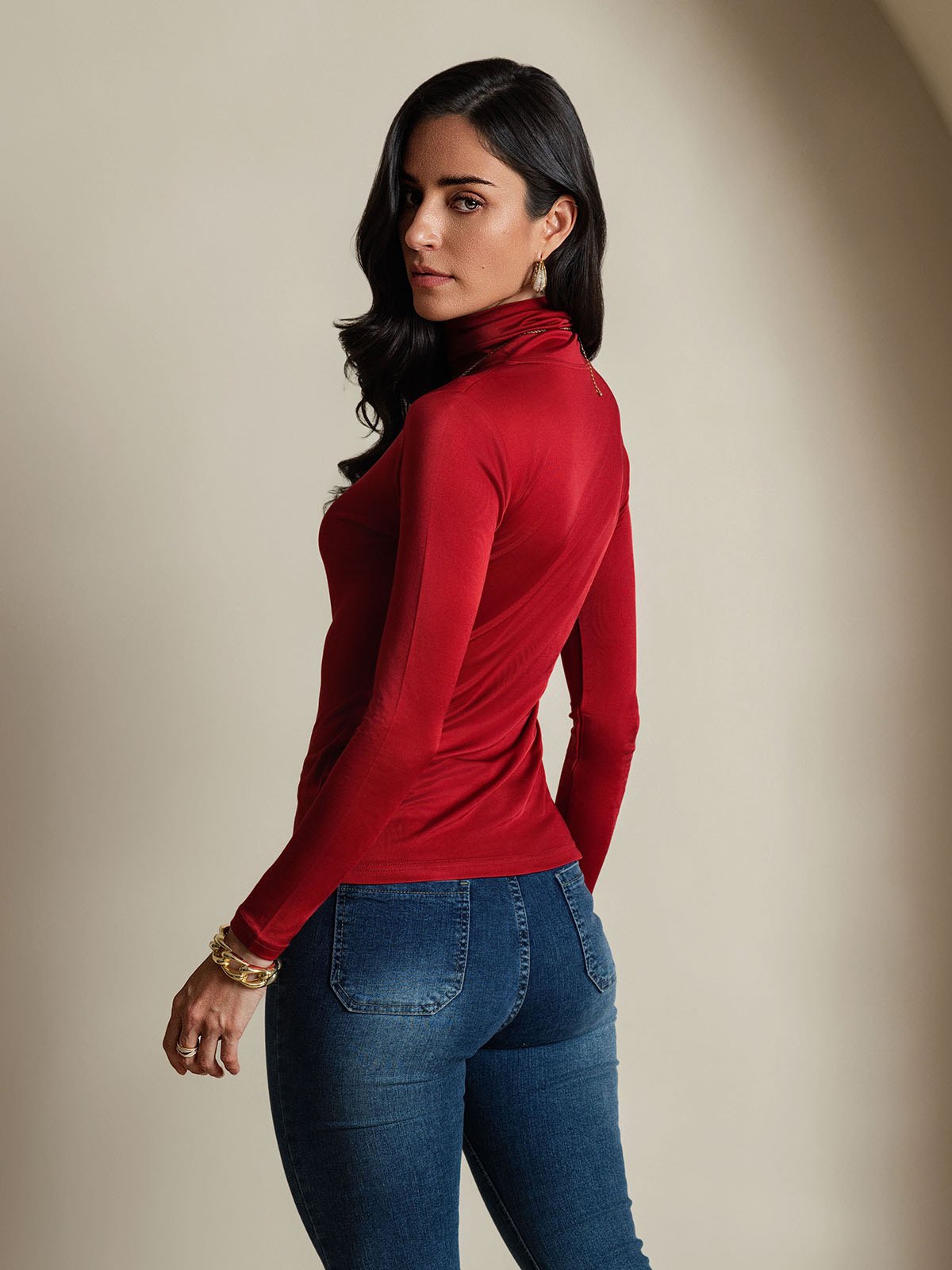 [Rotwein] SilkSilky-DE Langärmelig Rollkragen T-Shirt 002