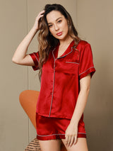[Rotwein] SilkSilky-DE Kurzärmelig Notch-Kragen Damen Pyjamas 003