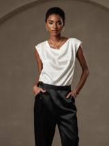[Weiß] SilkSilky-DE Cap Sleeve Cowl Neck T-Shirt 003