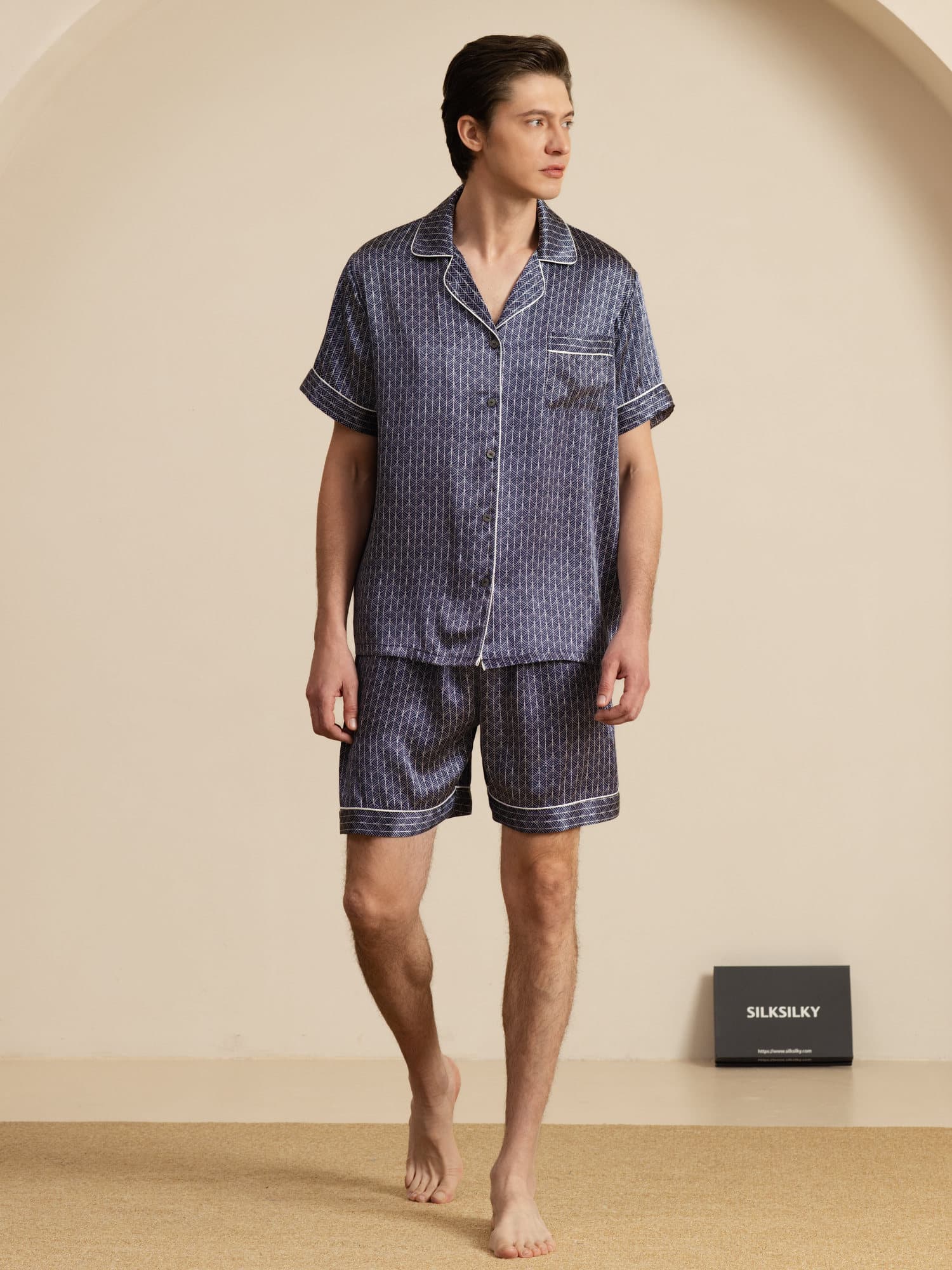[Marine Ginkgo] SilkSilky-DE Kurzärmelig Notch-Kragen Herren Pyjamas 003