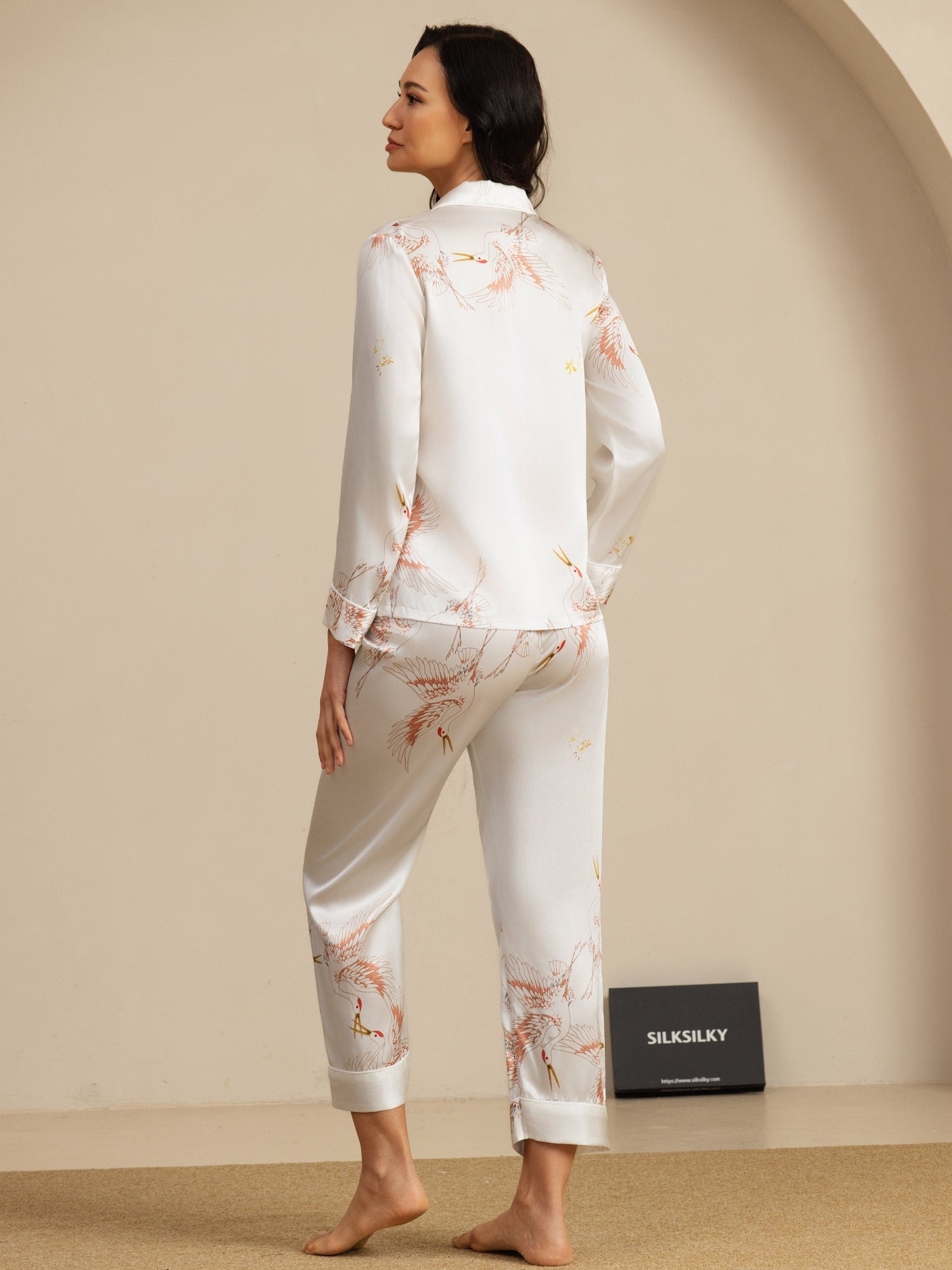 [Weiß] SilkSilky-DE 19Momme Langärmelig Notch-Kragen Damen Pyjamas 002