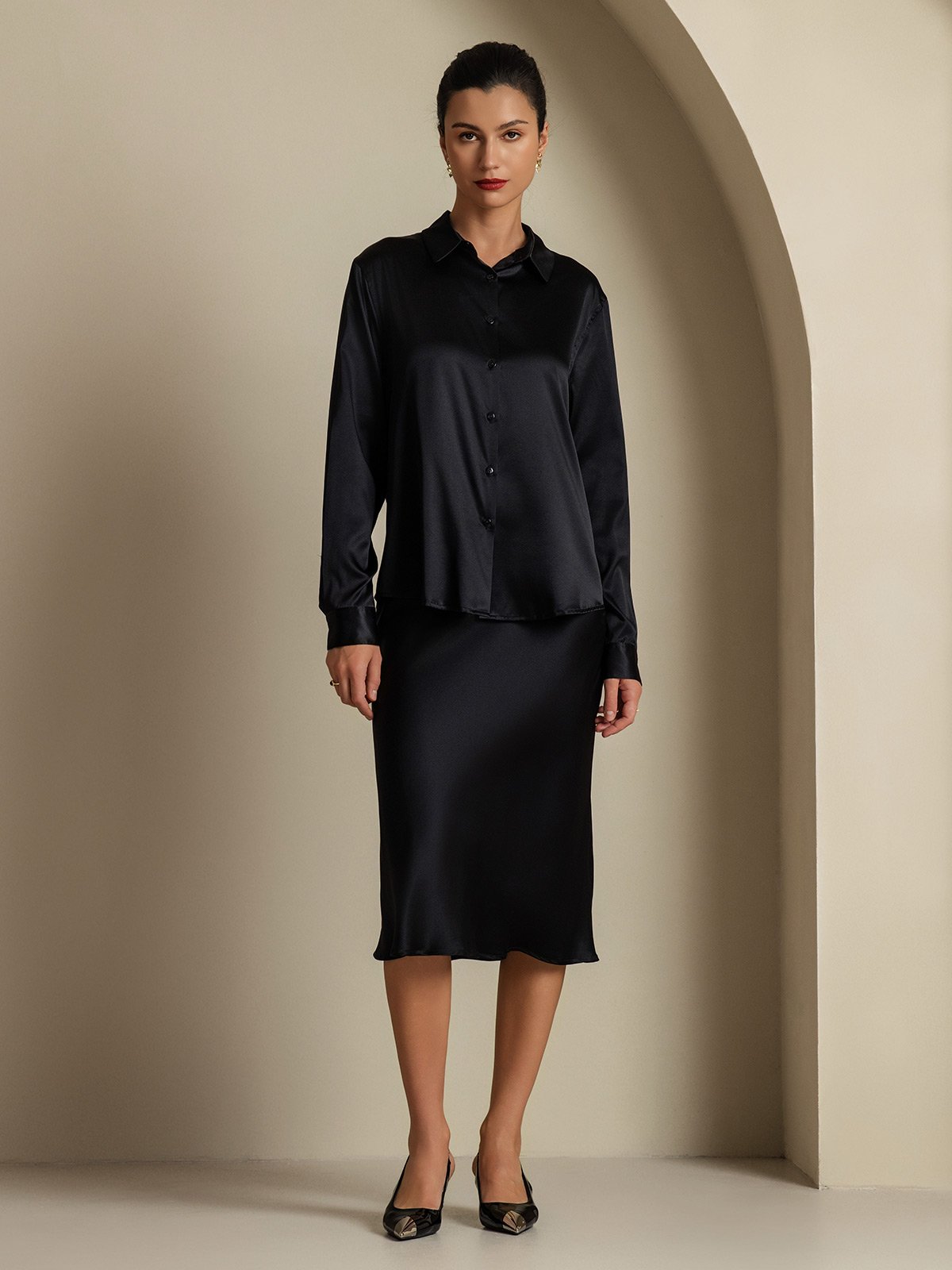 [Schwarz] SilkSilky-DE 19Momme Seidenstrick Umlegekragen Women''s Outfit Sets 003,