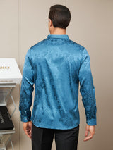 [Blau] SilkSilky-DE Seide Langärmelig Umlegekragen Herrenhemd 003
