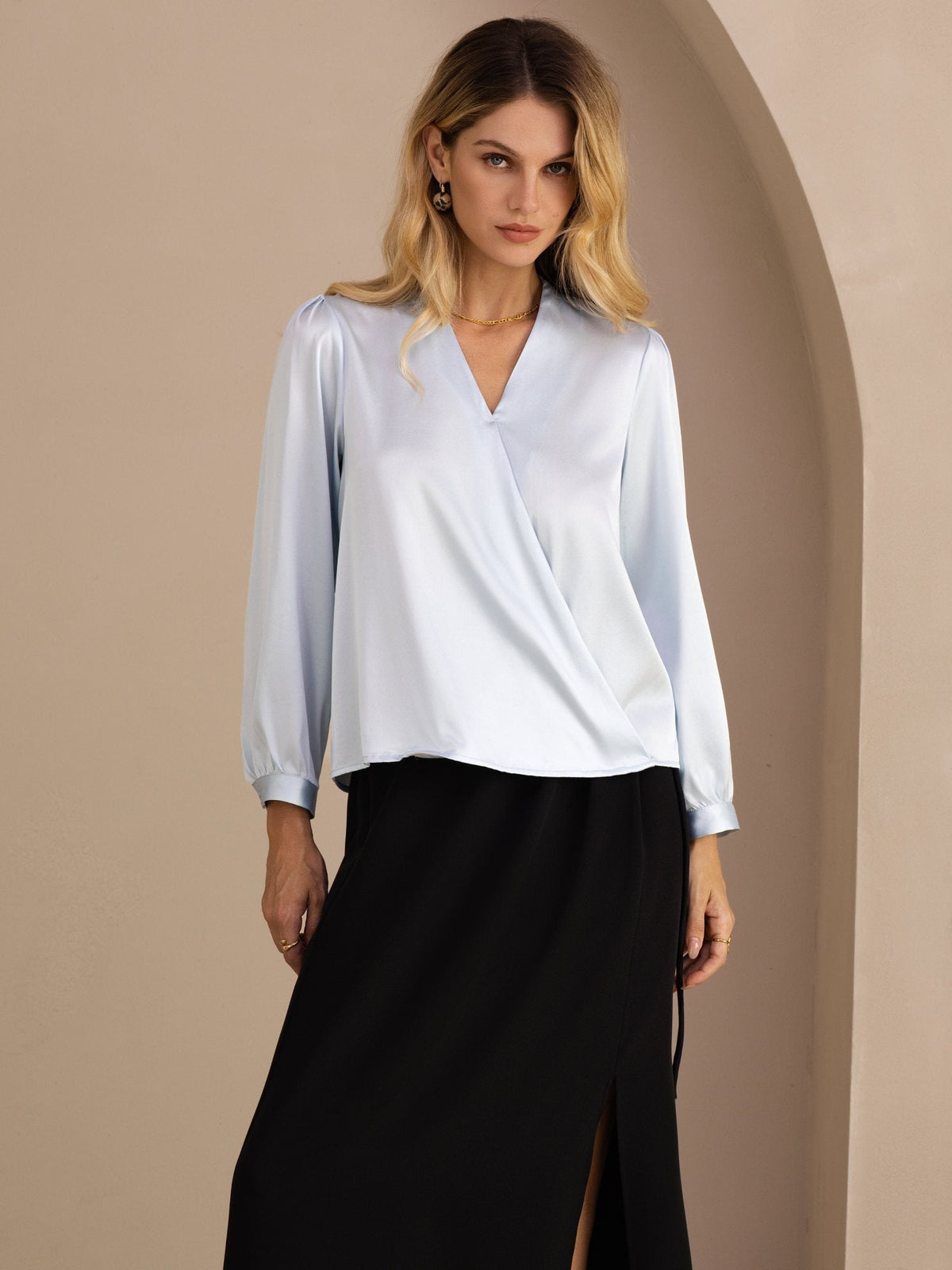 [Hellblau] SilkSilky-DE Long Sleeve Damenblusen 001