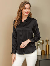 [Schwarz] SilkSilky-DE Long Sleeve Lapel Collar Damenhemd 001