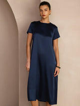 [Dunkelblau] SilkSilky-DE Short Sleeve Round Neck Kleider 005