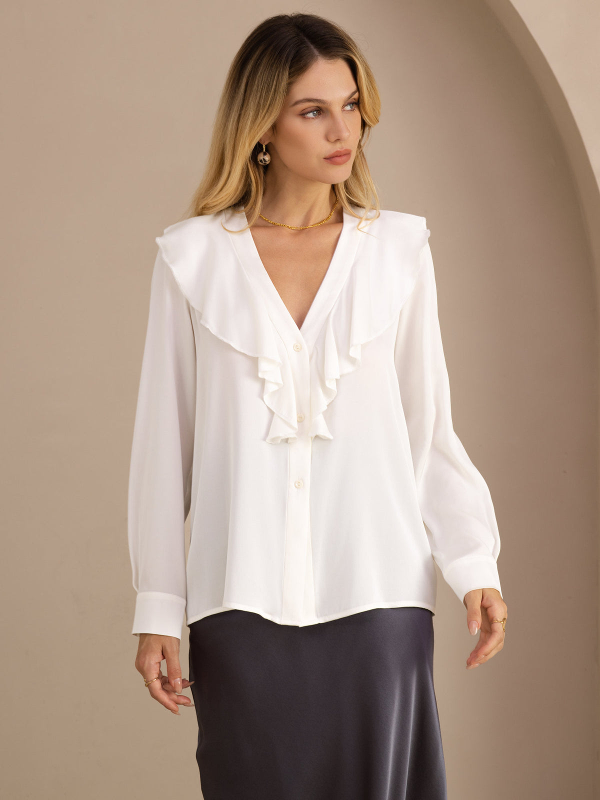 [Weiß] SilkSilky-DE Long Sleeve Deep V Neck Damenblusen 001