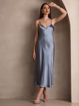 [Graublau] SilkSilky-DE Sleeveless V Neck Kleider 005