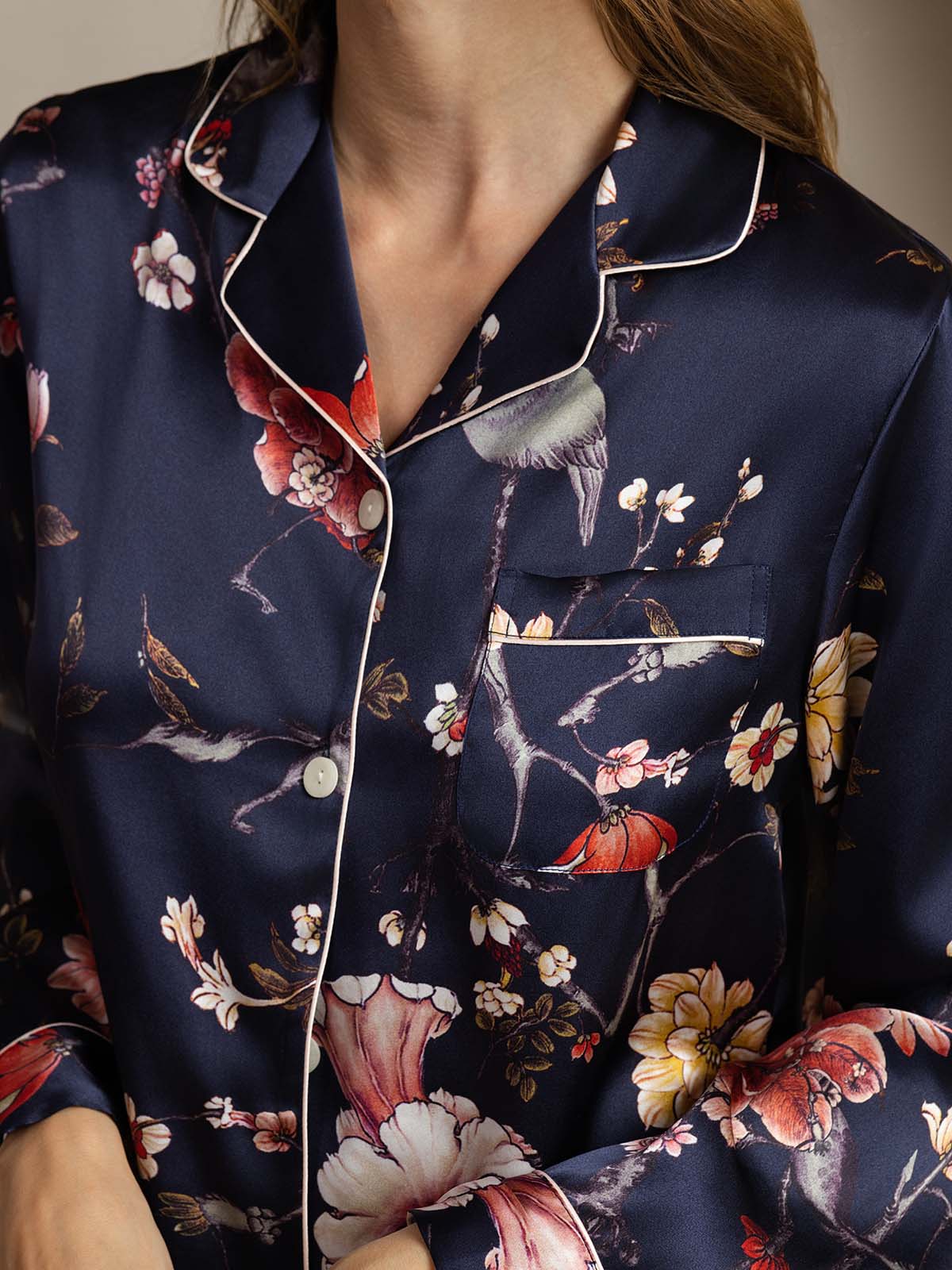 [Marine Blumen] SilkSilky-DE Reine Seide Womens Pajamas 005,