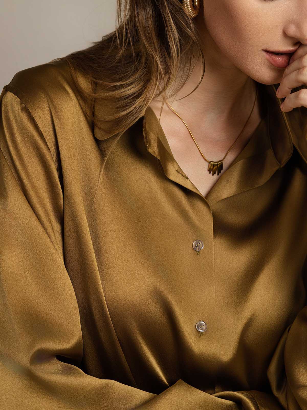 [Bronze] SilkSilky-DE Seide Umlegekragen Damenhemd 005