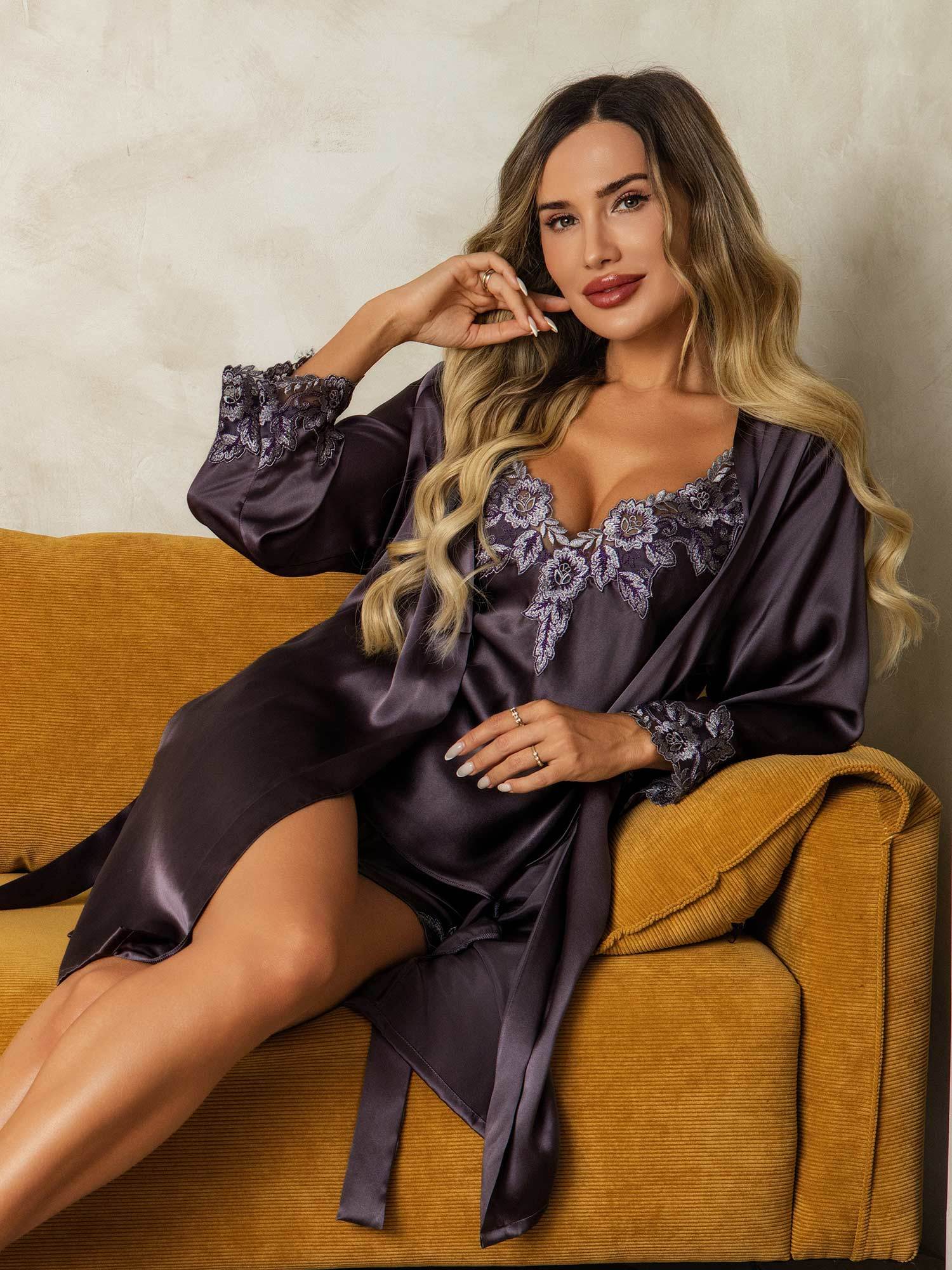 [Lilagrau] SilkSilky-DE Reine Seide 3/4-lange Ärmel V Ausschnitt Damen Pyjamas 005