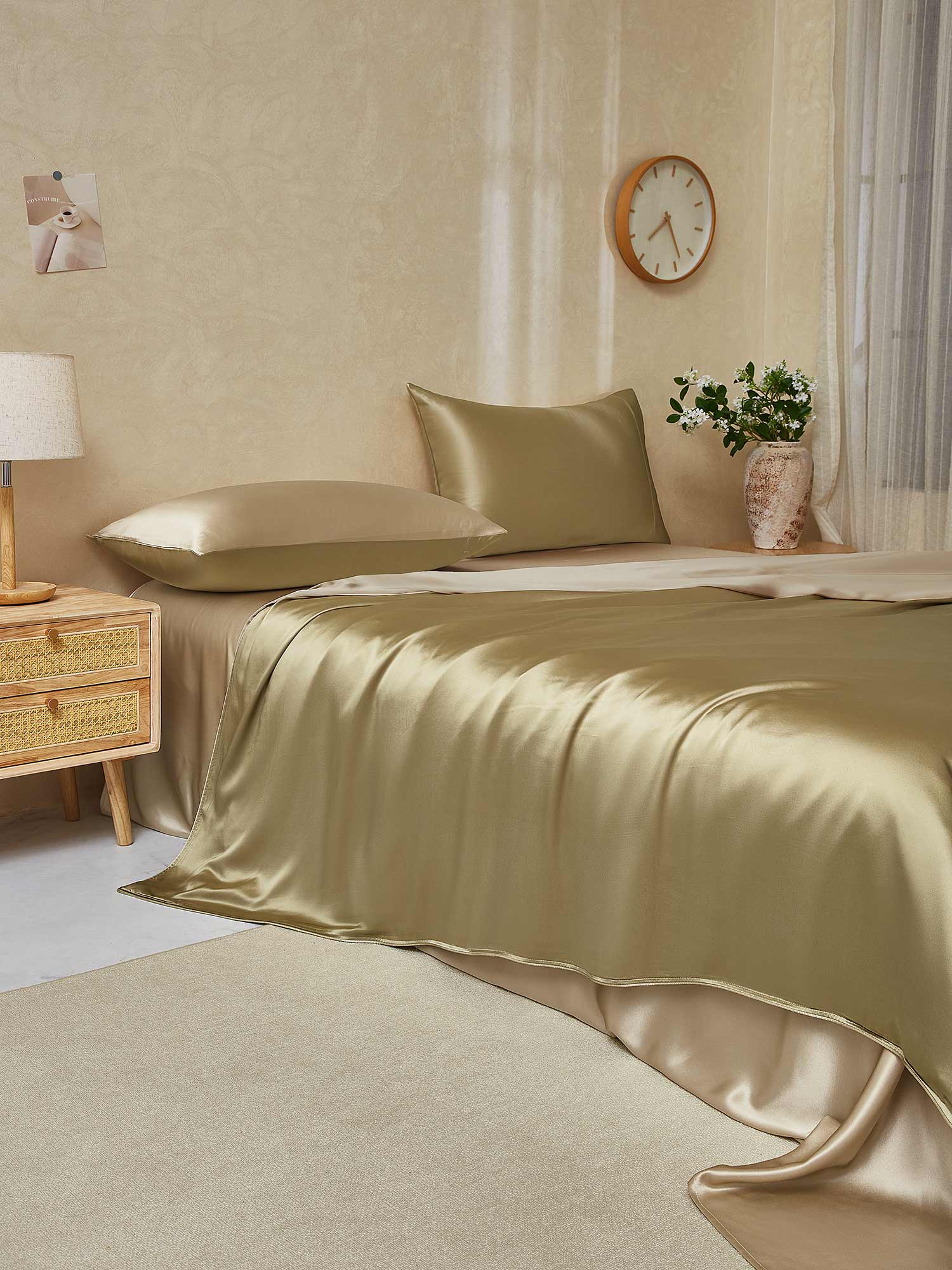 [Beige+Khaki] SilkSilky-DE 19Momme Reine Seide Bedding Set 003,