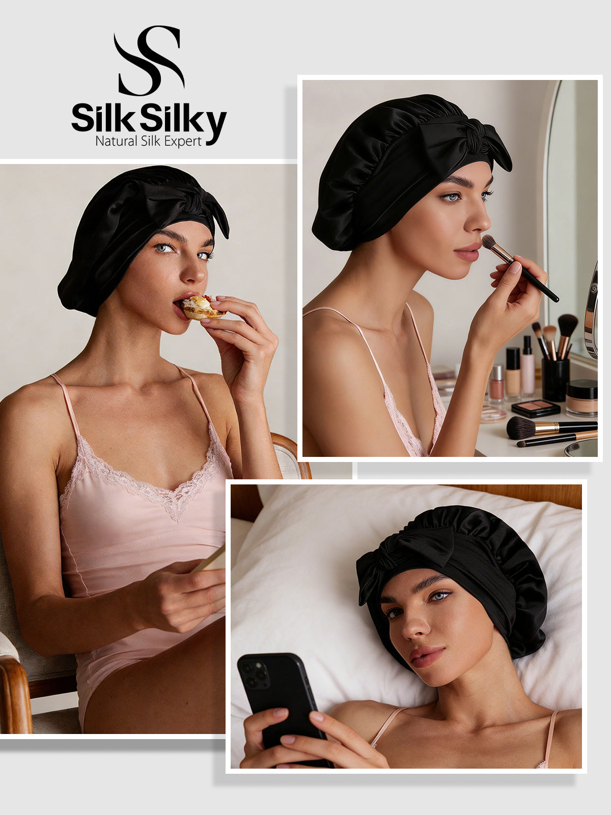 [Schwarz] SilkSilky-DE Reine Seide Sleep Cap 005
