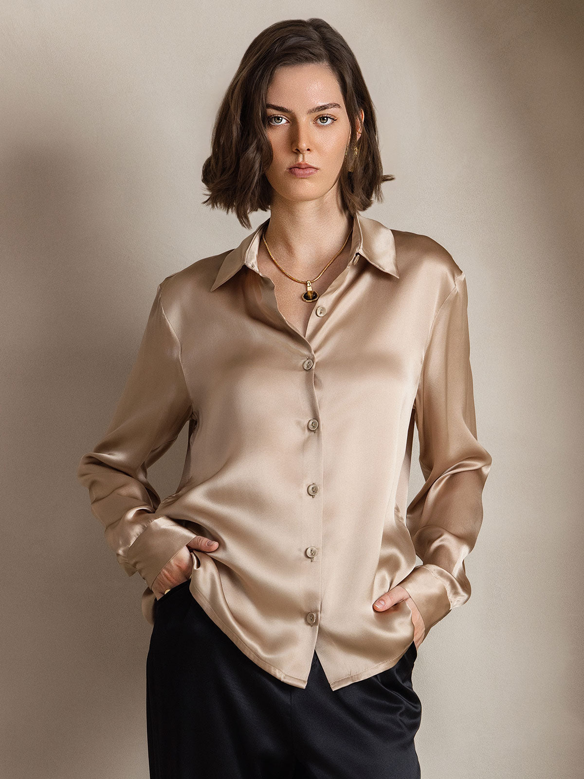 [Champagner] SilkSilky-DE Long Sleeve Lapel Collar Damenhemd 001