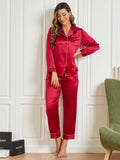 SilkSilky DE Reine Seide Langärmelig Revers Damen Pyjamas Dunkelrot 003