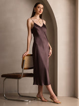 [Kaffee] SilkSilky-DE Sleeveless V Neck Kleider 007