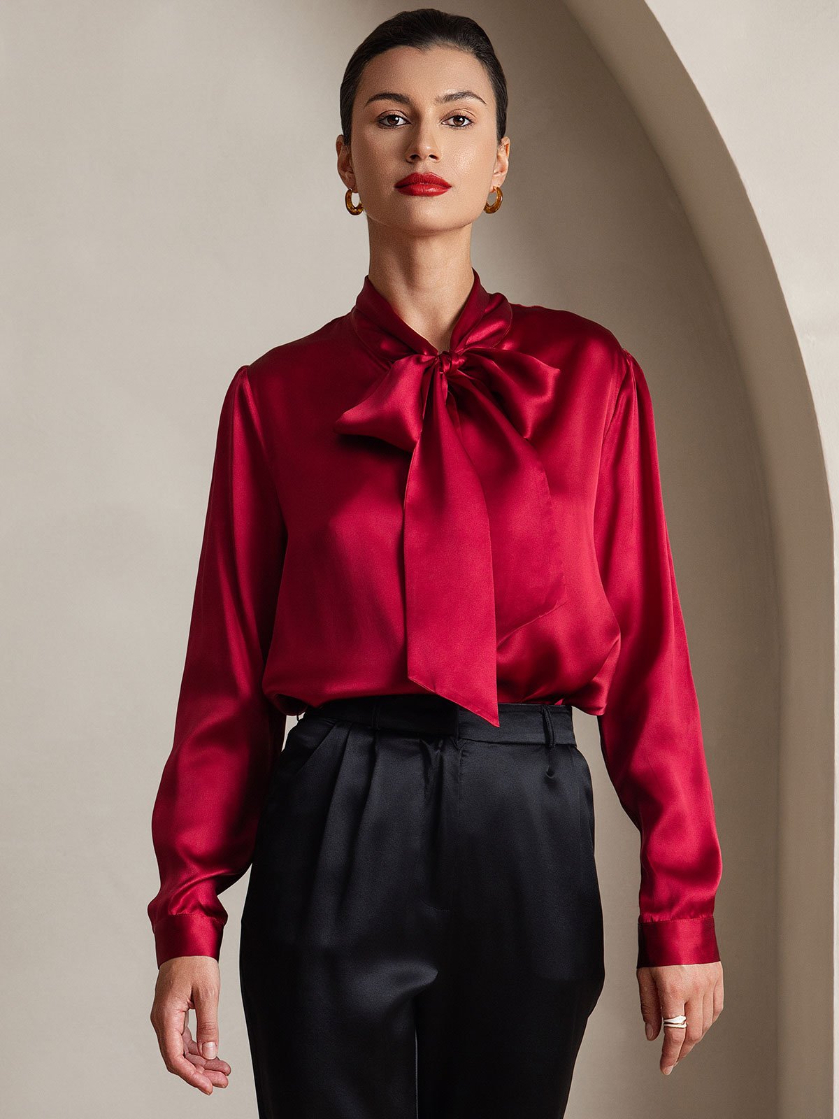 [Rotwein] SilkSilky-DE 19Momme Seide Langärmelig Blouse 001