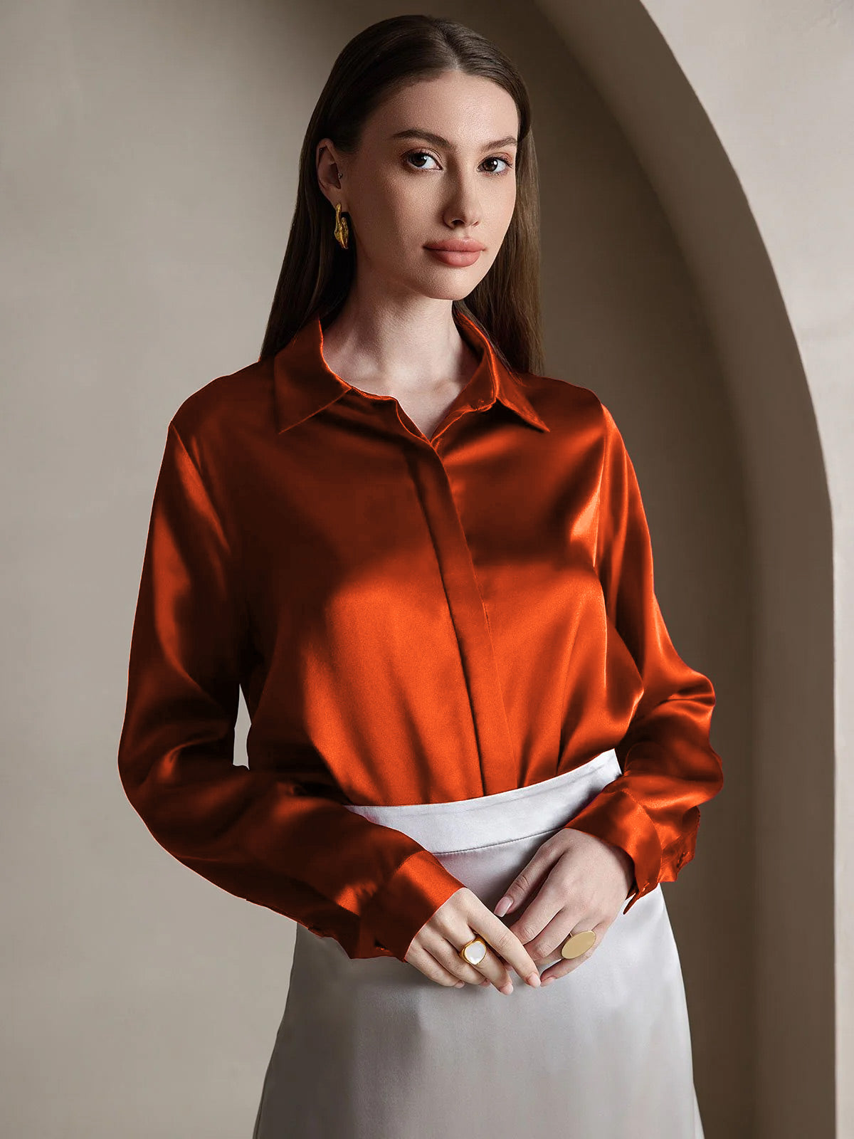 [Karamell] SilkSilky-DE 19Momme Seide Lapel Collar Damenhemd 001