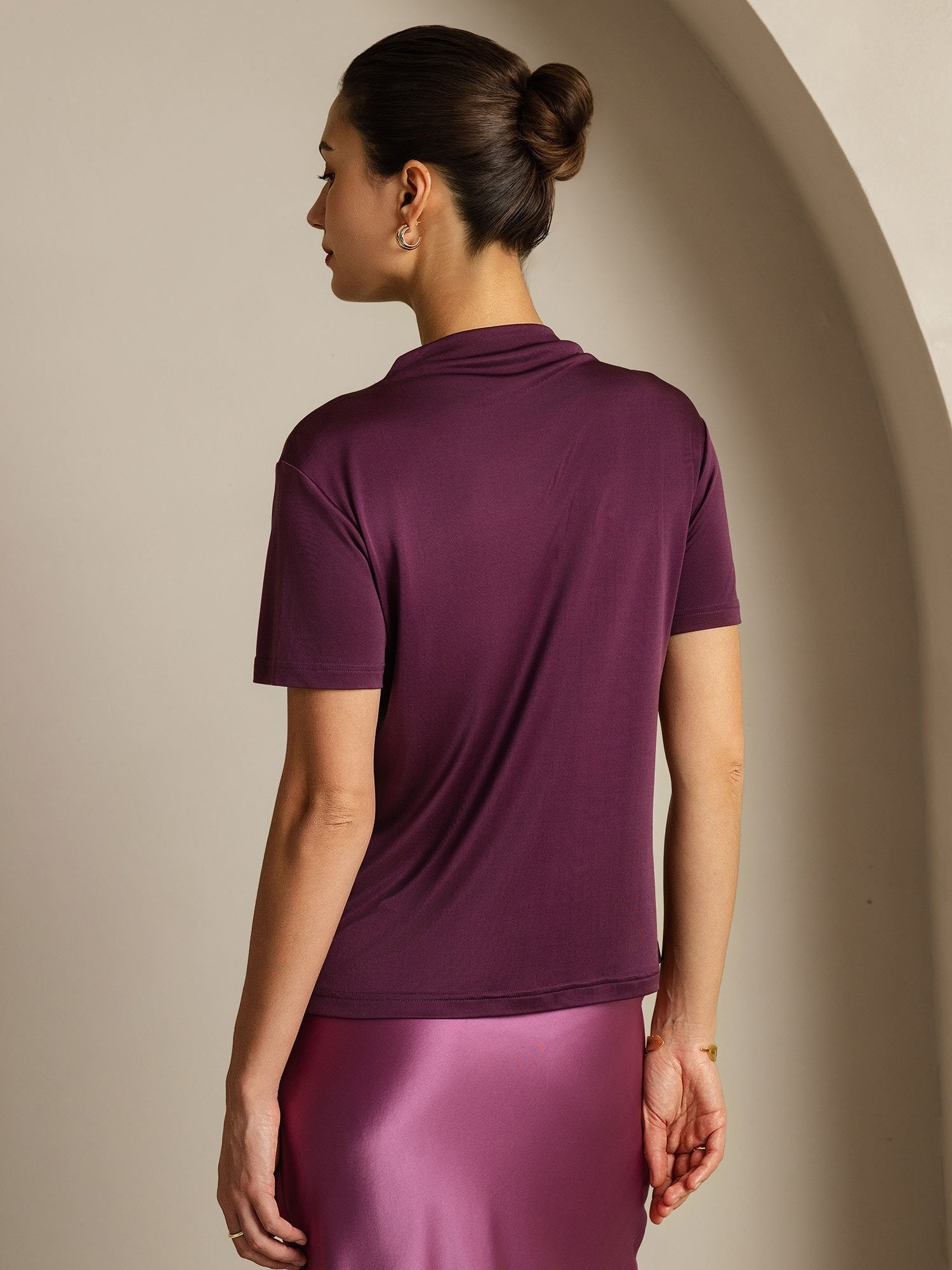[Violett] SilkSilky-DE Reine Seide Umlegekragen T-Shirt 002