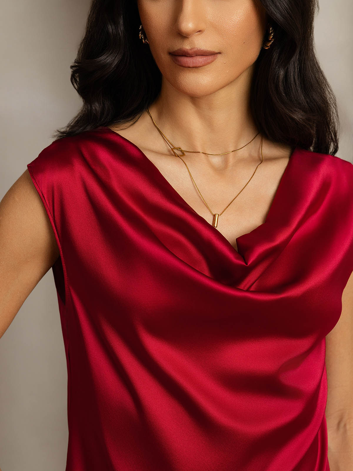 [Rotwein] SilkSilky-DE 19Momme Seide Ärmellos Wasserfallausschnitt T-Shirt 005