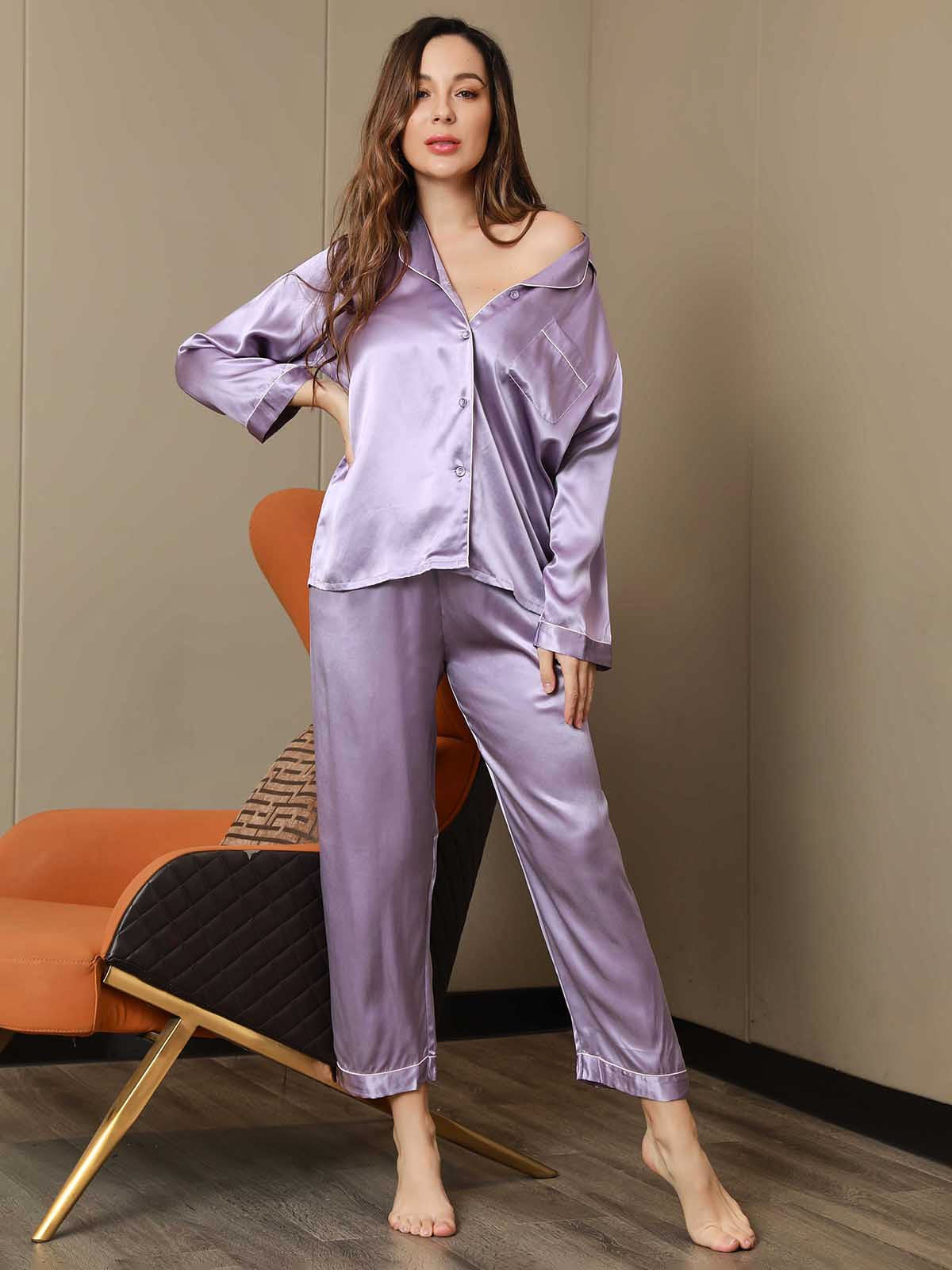 [Lavendel] SilkSilky-DE Reine Seide Womens Pajamas 005