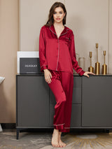 [Dunkelrot] SilkSilky-DE Long Sleeve Notch-Kragen Damen Pyjamas 004