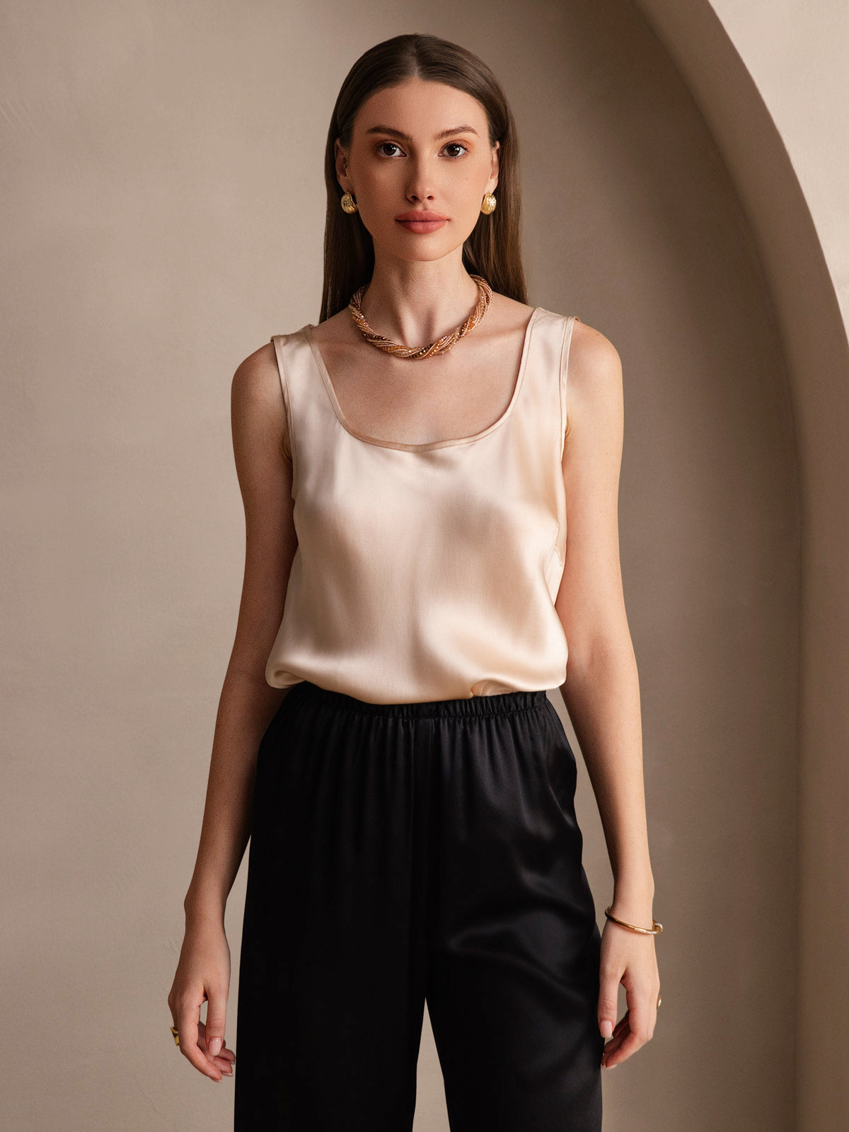 [Champagner] SilkSilky-DE 19Momme Seide U Ausschnitt Cami Top 006