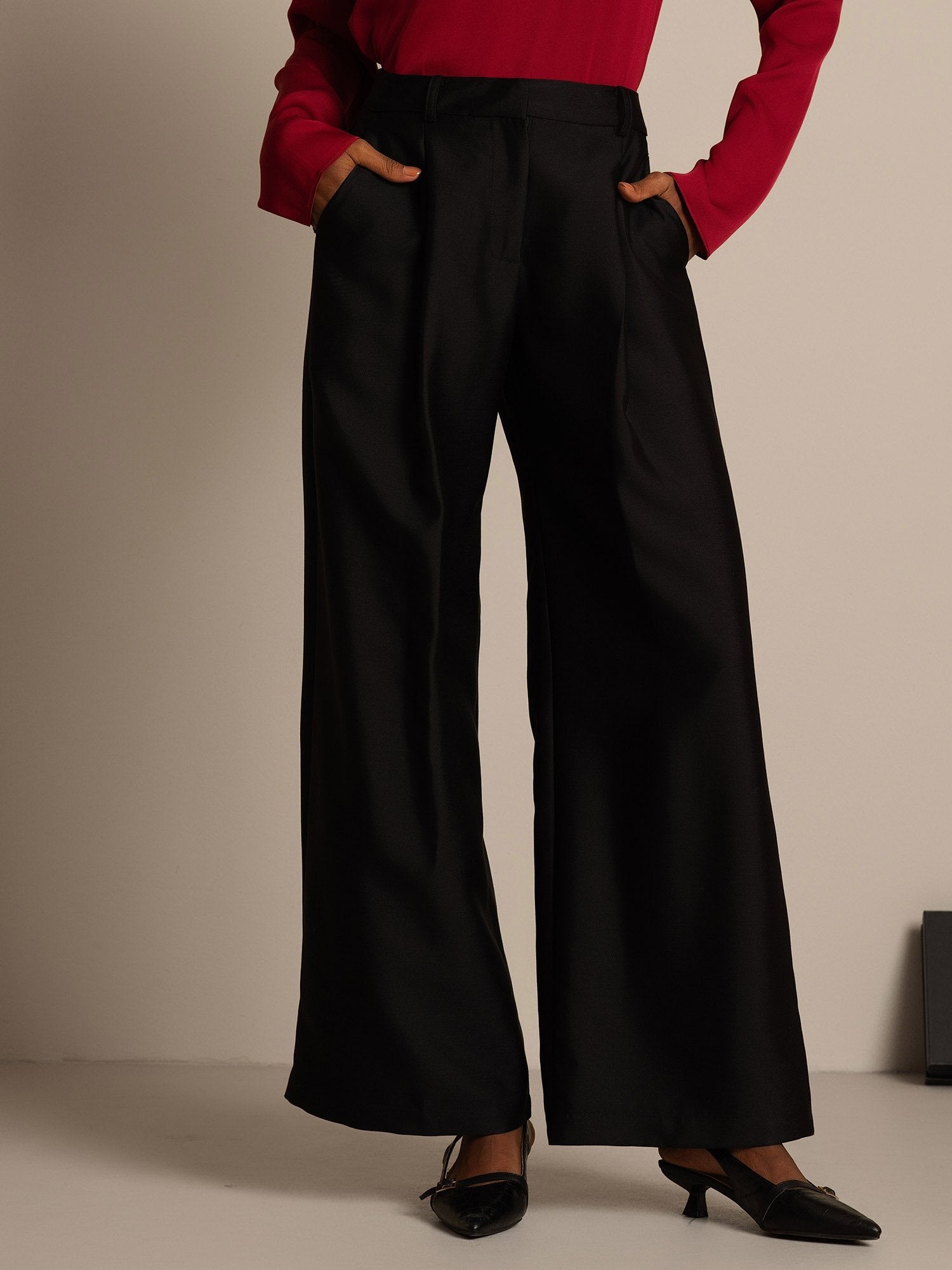 [Schwarz] SilkSilky-DE 32Momme Silk-Wool Blend Womens Pants 003,