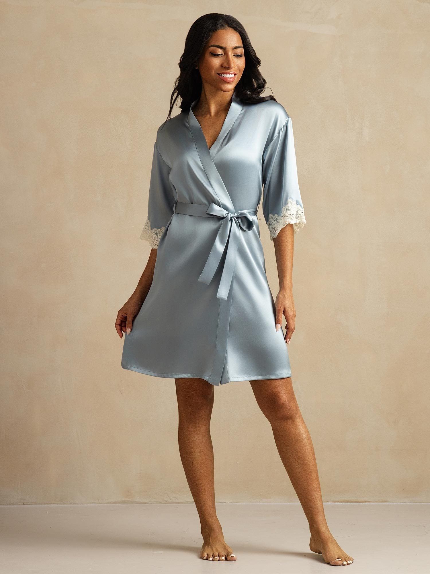 [Graublau] SilkSilky-DE Reine Seide Womens Robe 006