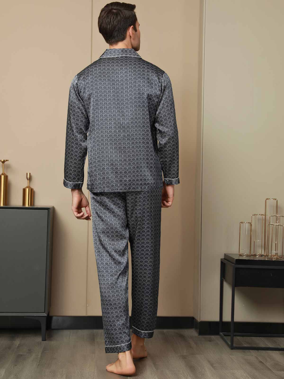 [Marine Ginkgo] SilkSilky-DE 19Momme Reine Seide Mens Pajamas 002