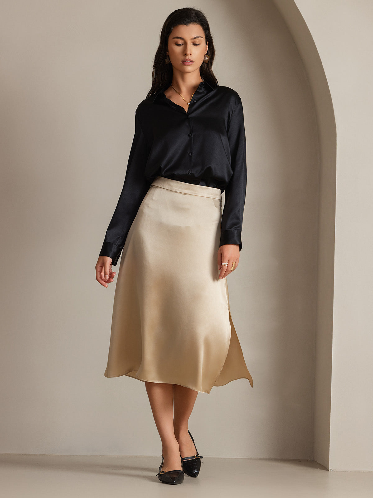 [Schwarz] SilkSilky-DE Seide Langärmelig Umlegekragen Damenhemd 003