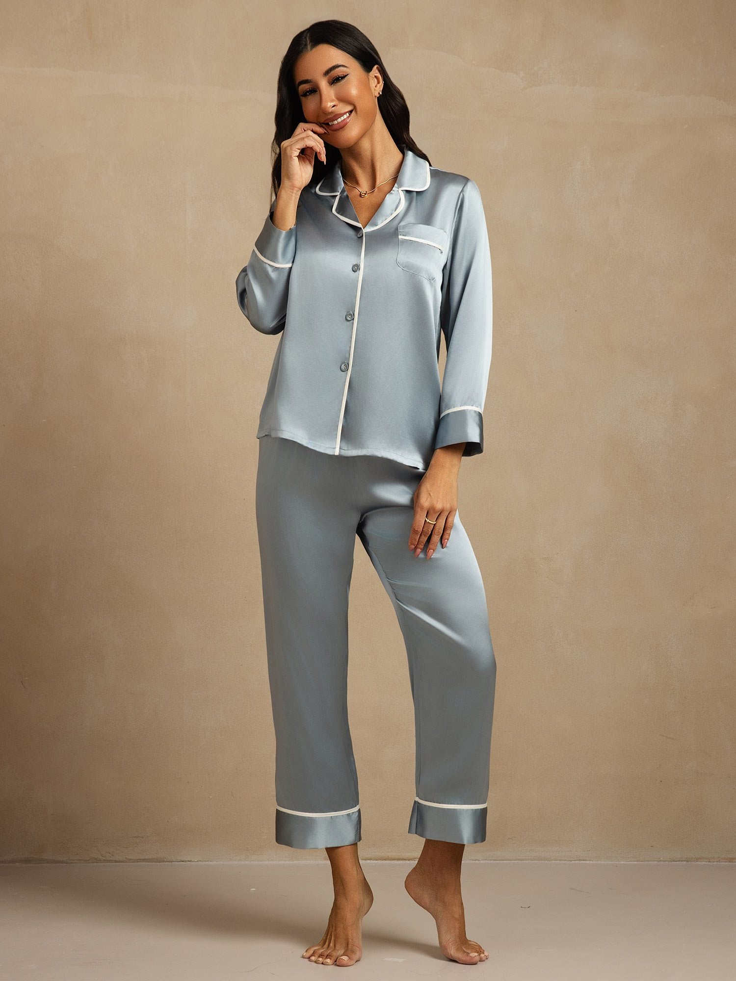 [Graublau] SilkSilky-DE Reine Seide Umlegekragen Damen Pyjamas 006